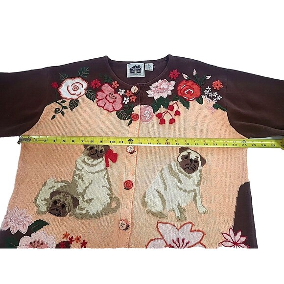 1X Pug Puppy Storybook Knits Sweater Brown Peach Flower Buttons 3D Cruelle Dog - Picture 13 of 16